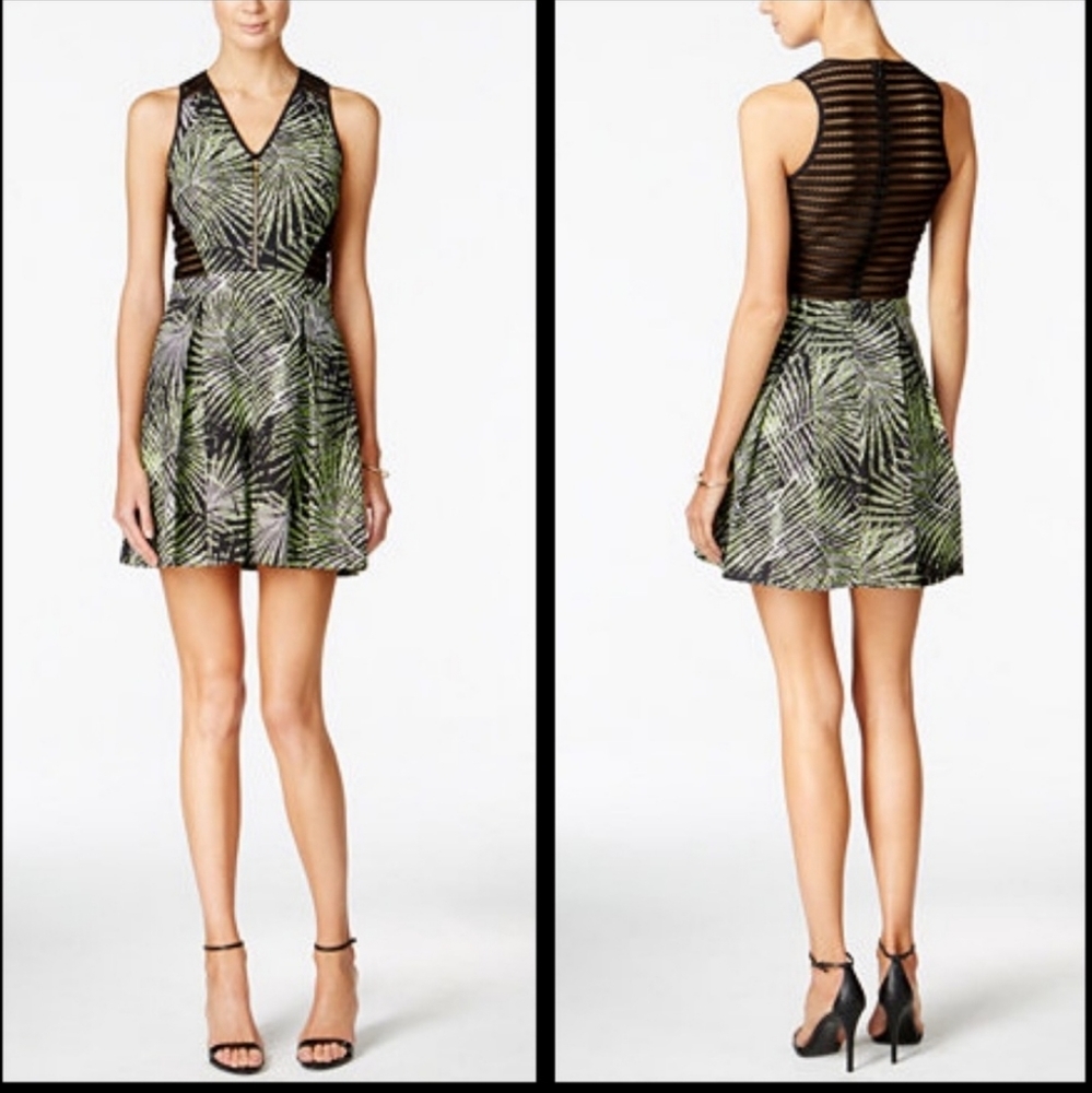 Sleeveless Green Palm-Print Skater Dress with Sheer Black Back